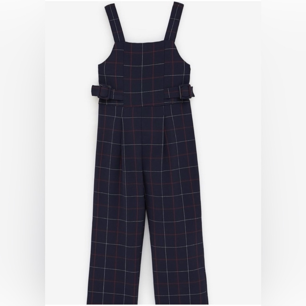 Zara Navy Plaid Buckle Jumpsuit Romper Jumper Adjustable Arm Zipper Classic Poly